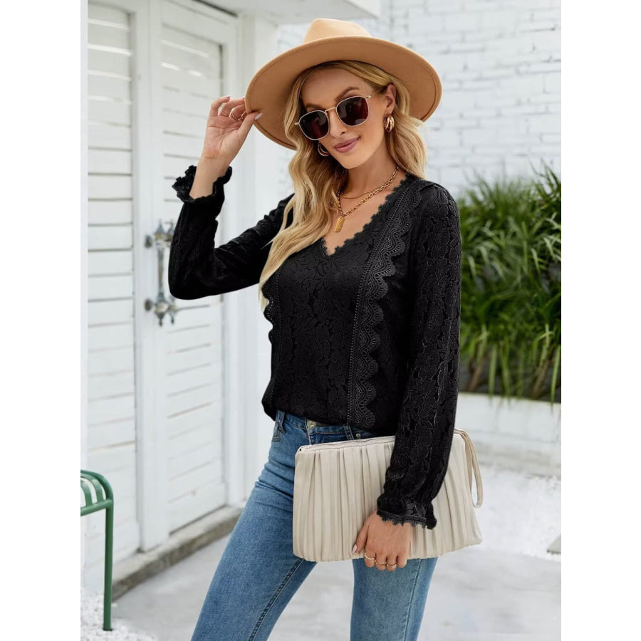 Lace V - Neck Flounce Sleeve Blouse Black / S Apparel and Accessories