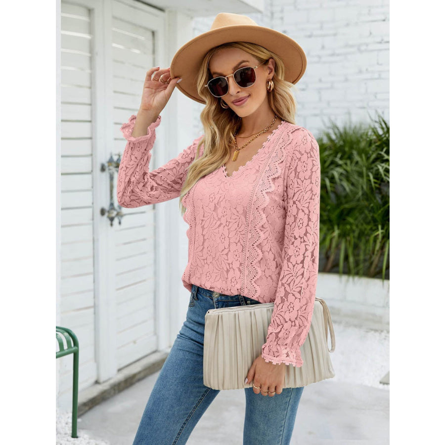 Lace V - Neck Flounce Sleeve Blouse Dusty Pink / S Apparel and Accessories