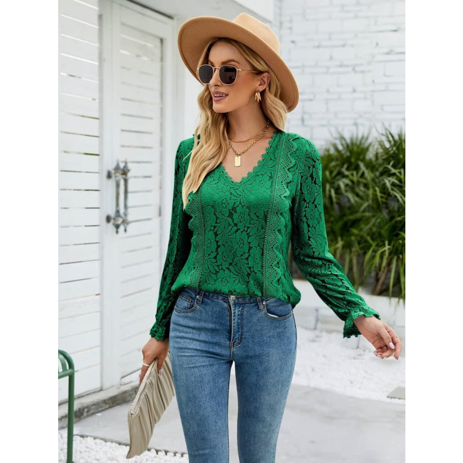 Lace V - Neck Flounce Sleeve Blouse Green / S Apparel and Accessories