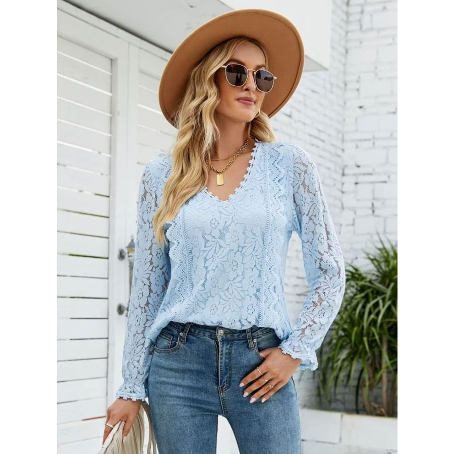 Lace V - Neck Flounce Sleeve Blouse Misty Blue / S Apparel and Accessories