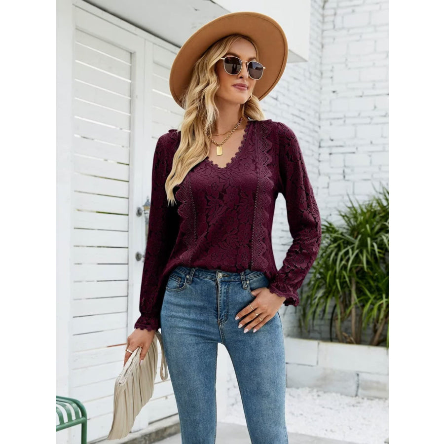 Lace V - Neck Flounce Sleeve Blouse Plum / S Apparel and Accessories