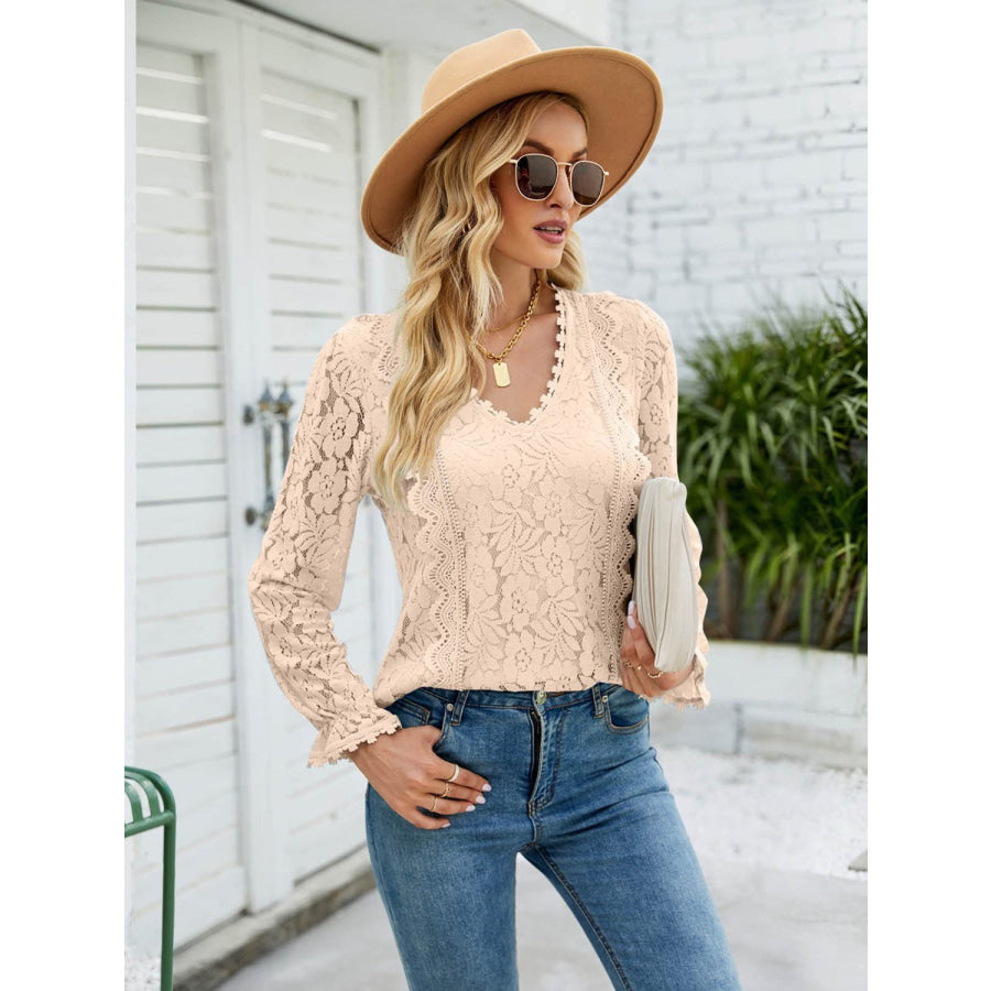 Lace V - Neck Flounce Sleeve Blouse Sand / S Apparel and Accessories