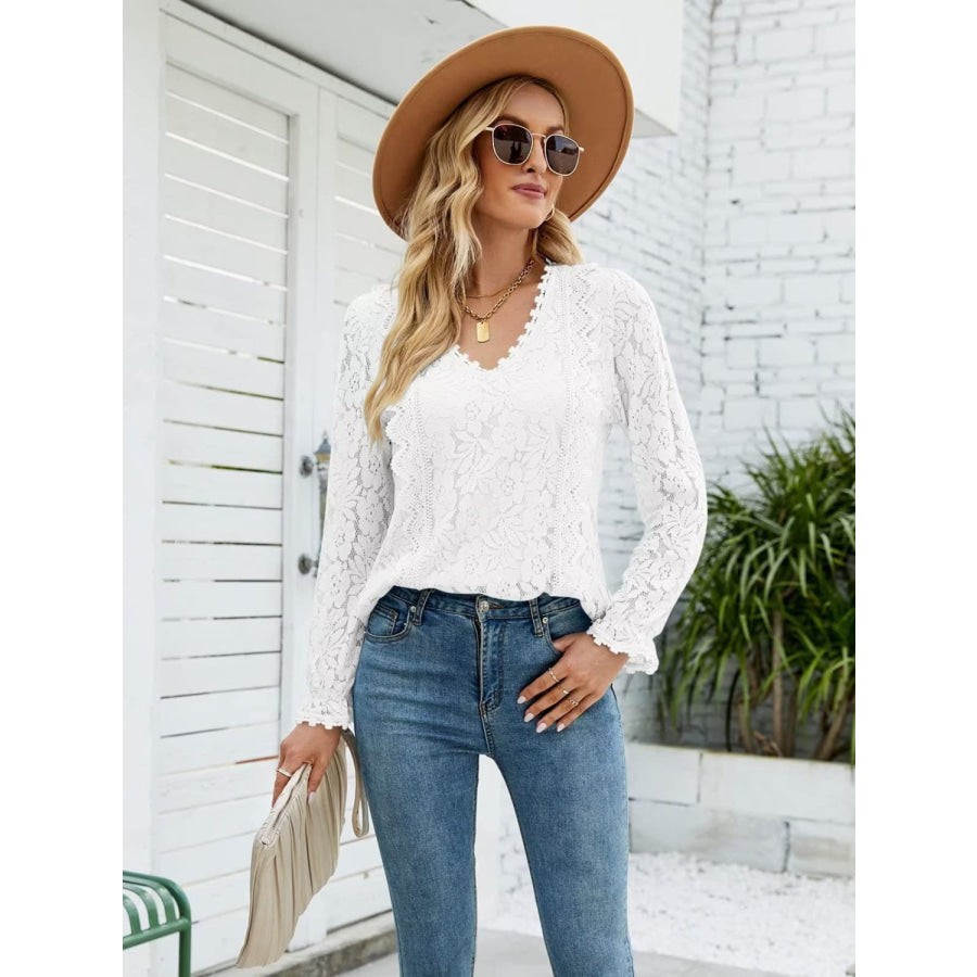 Lace V - Neck Flounce Sleeve Blouse White / S Apparel and Accessories