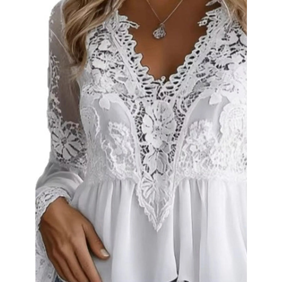 Lace V-Neck Long Sleeve Blouse with Peplum Hem Apparel and Accessories