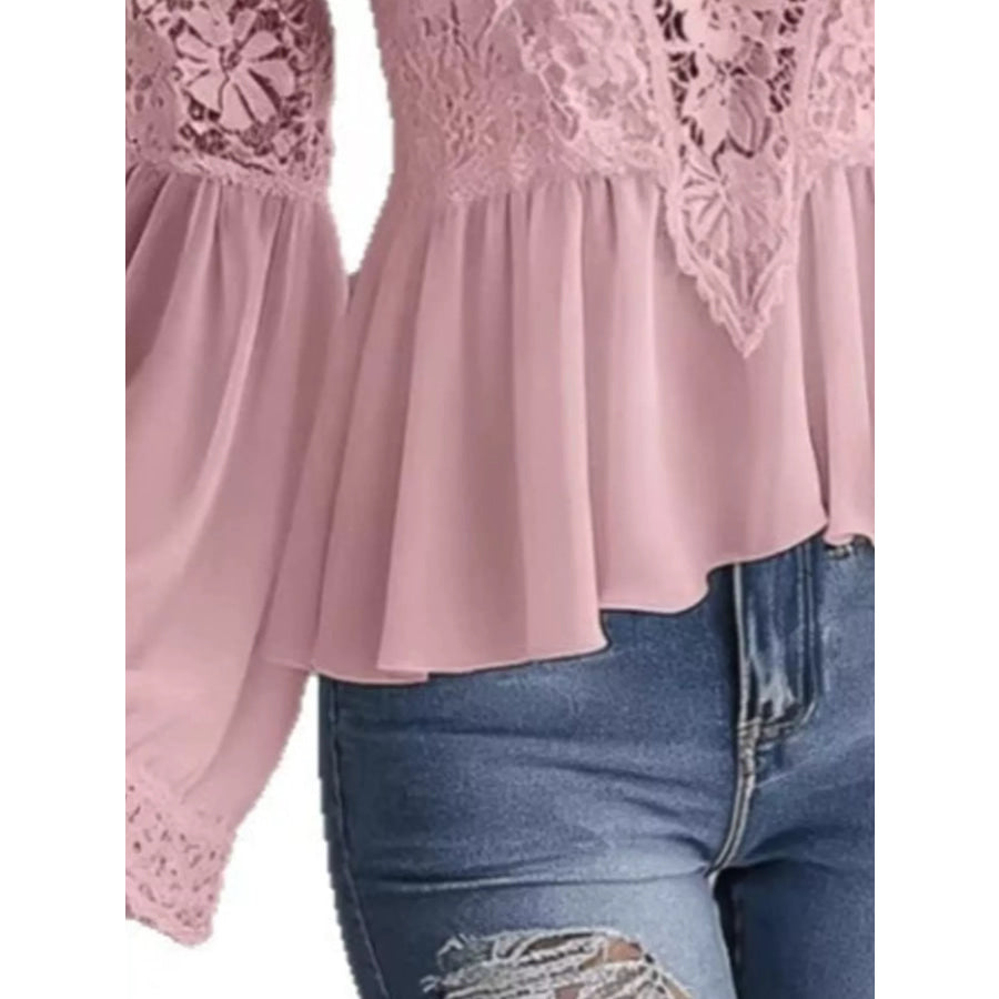 Lace V-Neck Long Sleeve Blouse with Peplum Hem Apparel and Accessories