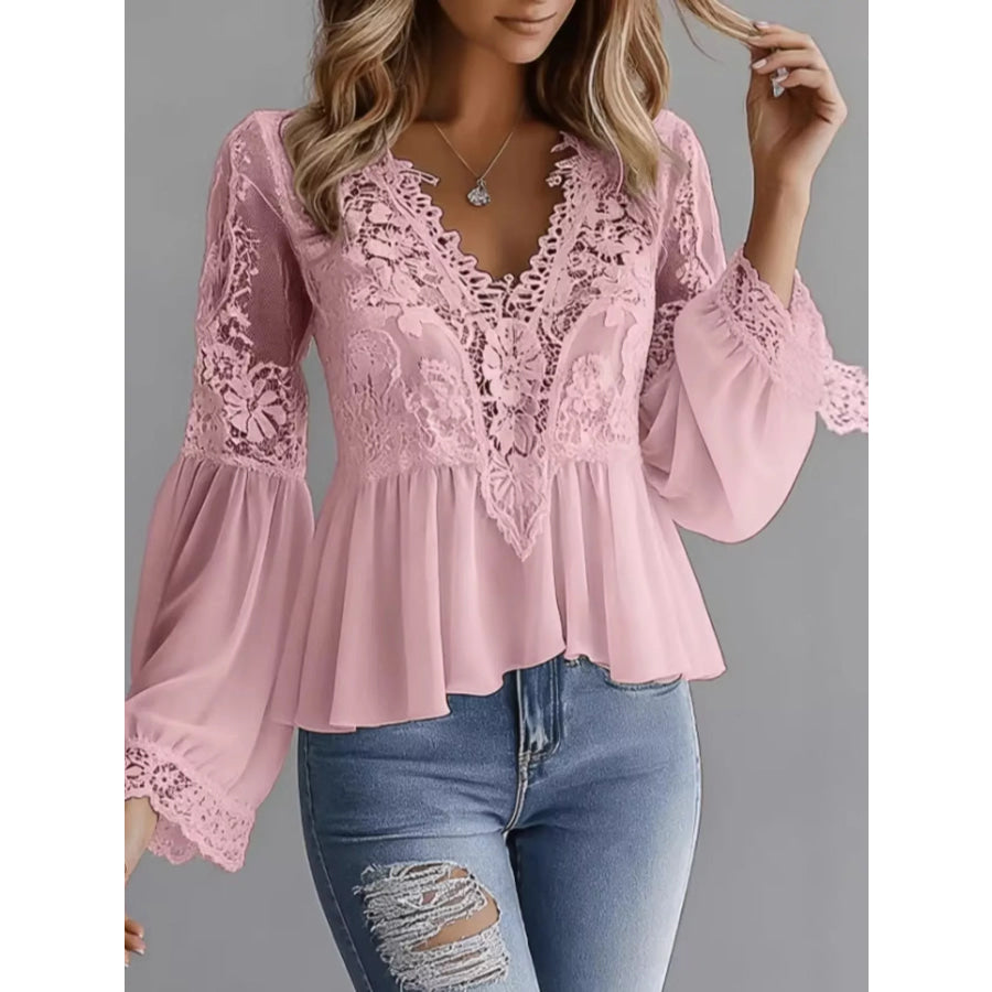 Lace V-Neck Long Sleeve Blouse with Peplum Hem Pink / S Apparel and Accessories