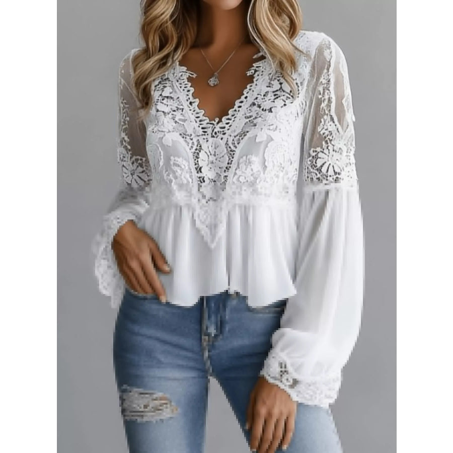 Lace V-Neck Long Sleeve Blouse with Peplum Hem White / S Apparel and Accessories