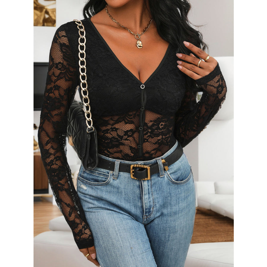 Lace V - Neck Long Sleeve Bodysuit Apparel and Accessories