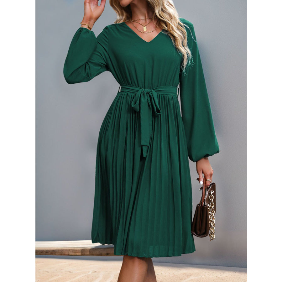 Lace V-Neck Long Sleeve Pleated Dress Apparel and Accessories