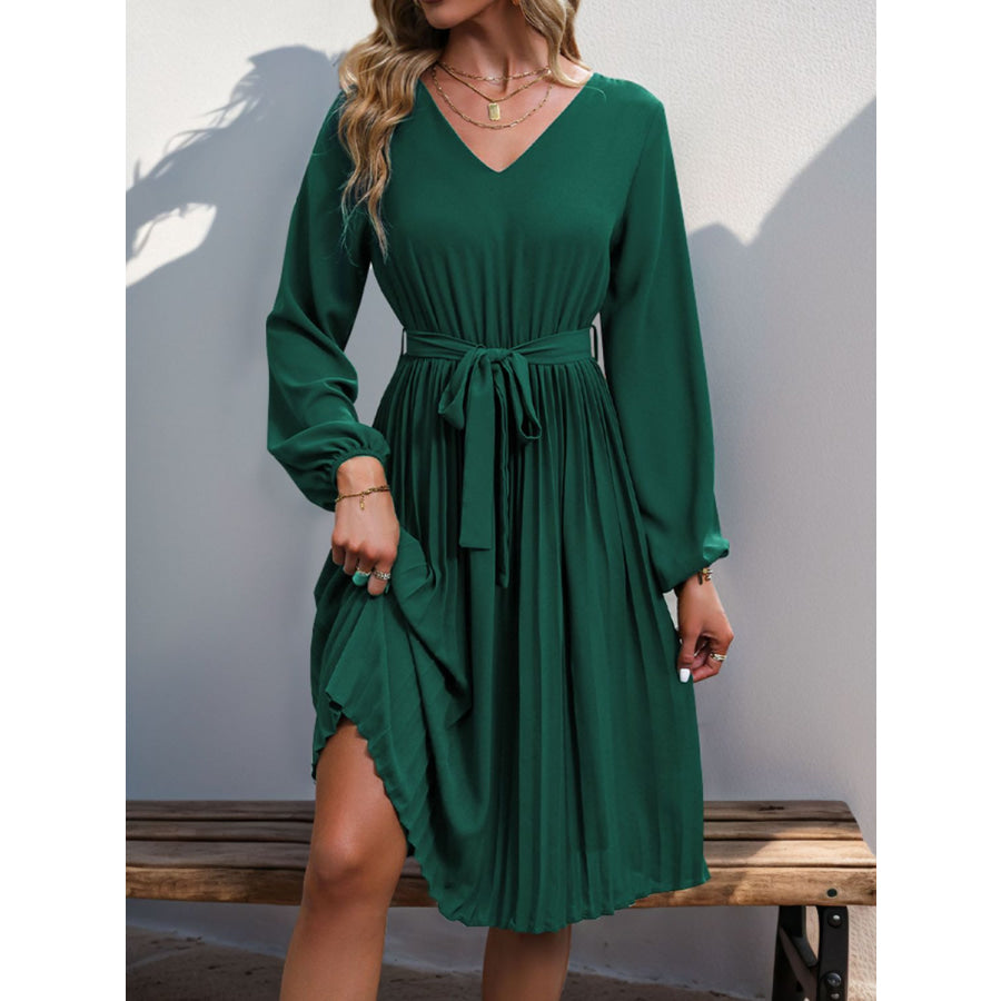 Lace V-Neck Long Sleeve Pleated Dress Apparel and Accessories