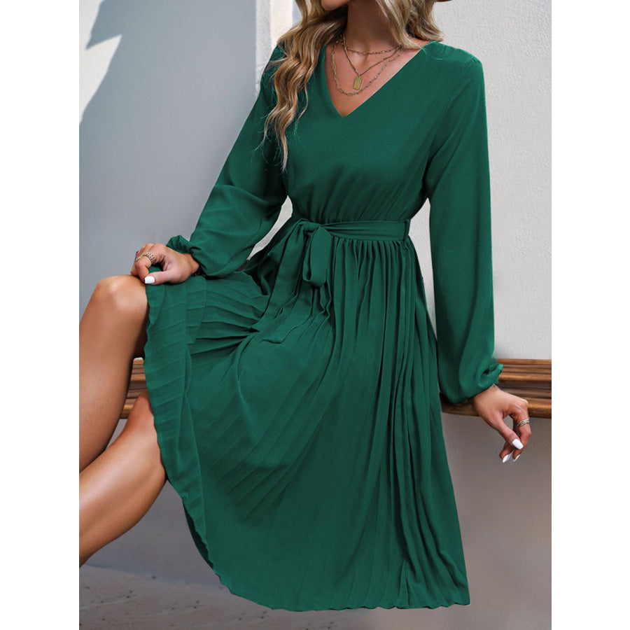 Lace V-Neck Long Sleeve Pleated Dress Apparel and Accessories