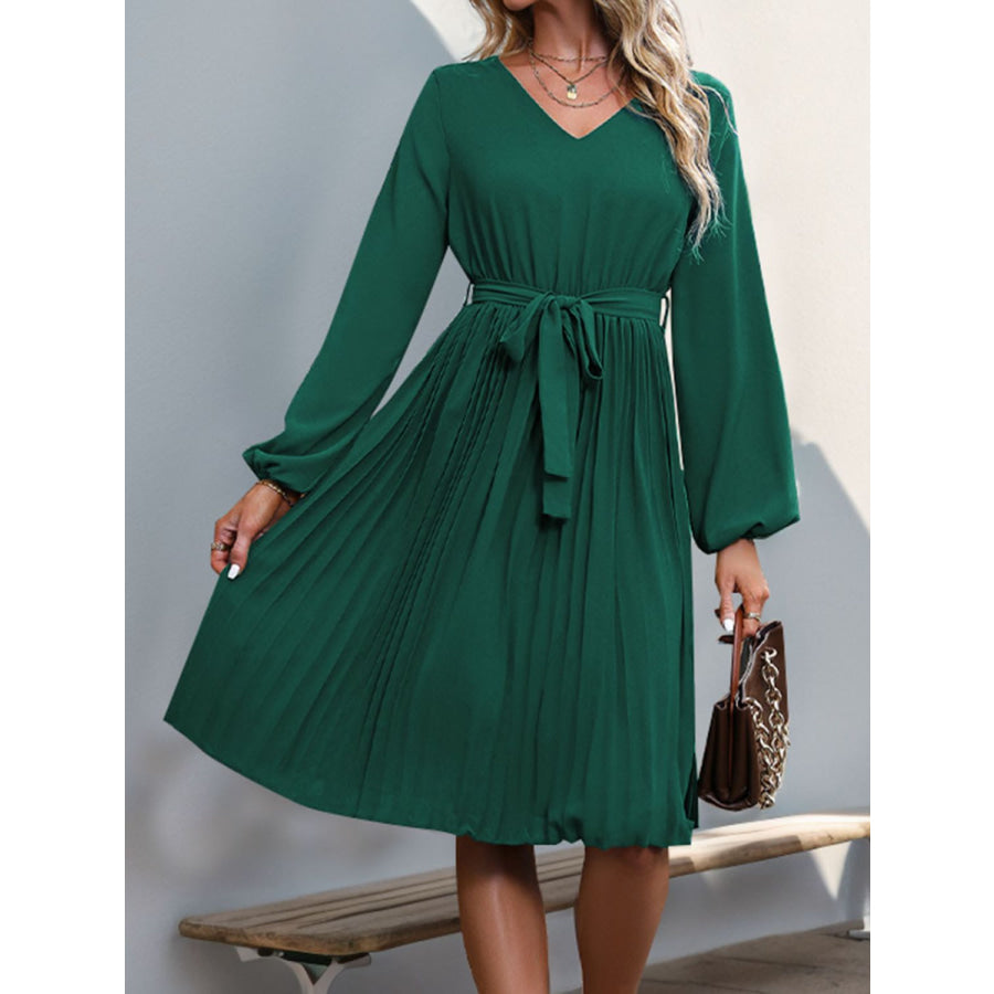 Lace V-Neck Long Sleeve Pleated Dress Apparel and Accessories