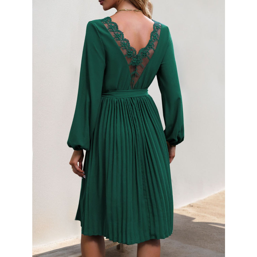 Lace V-Neck Long Sleeve Pleated Dress Dark Green / S Apparel and Accessories