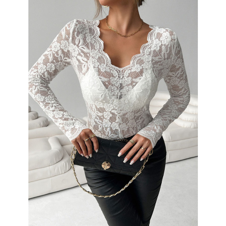 Lace V-Neck Long Sleeve Top White / S Apparel and Accessories