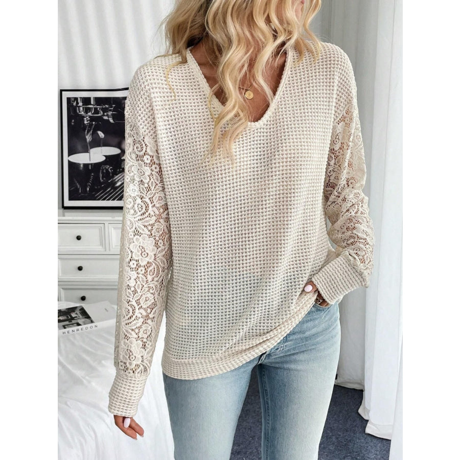 Lace V-Neck Long Sleeve Top Dust Storm / S Apparel and Accessories