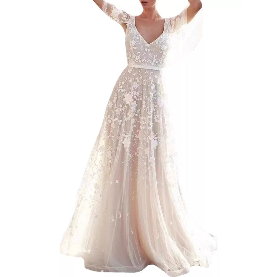 Lace V-Neck Maxi Dress with Flutter Sleeves Apparel and Accessories