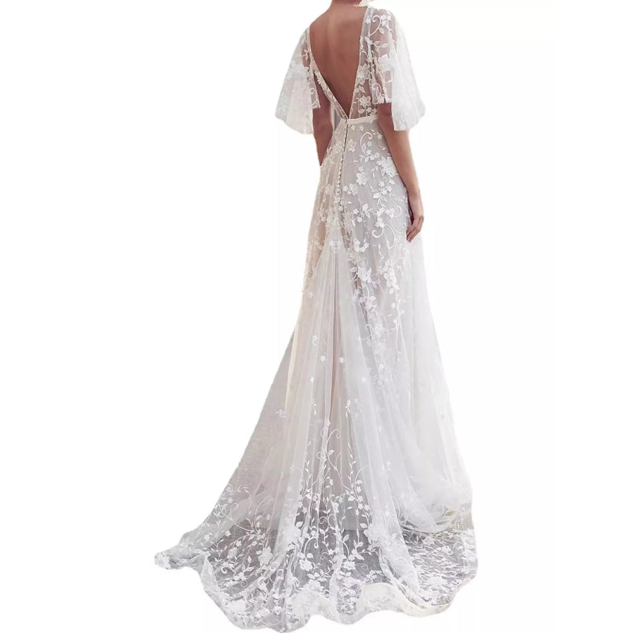 Lace V-Neck Maxi Dress with Flutter Sleeves Apparel and Accessories