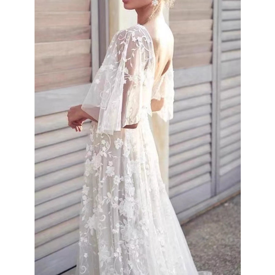 Lace V-Neck Maxi Dress with Flutter Sleeves Apparel and Accessories