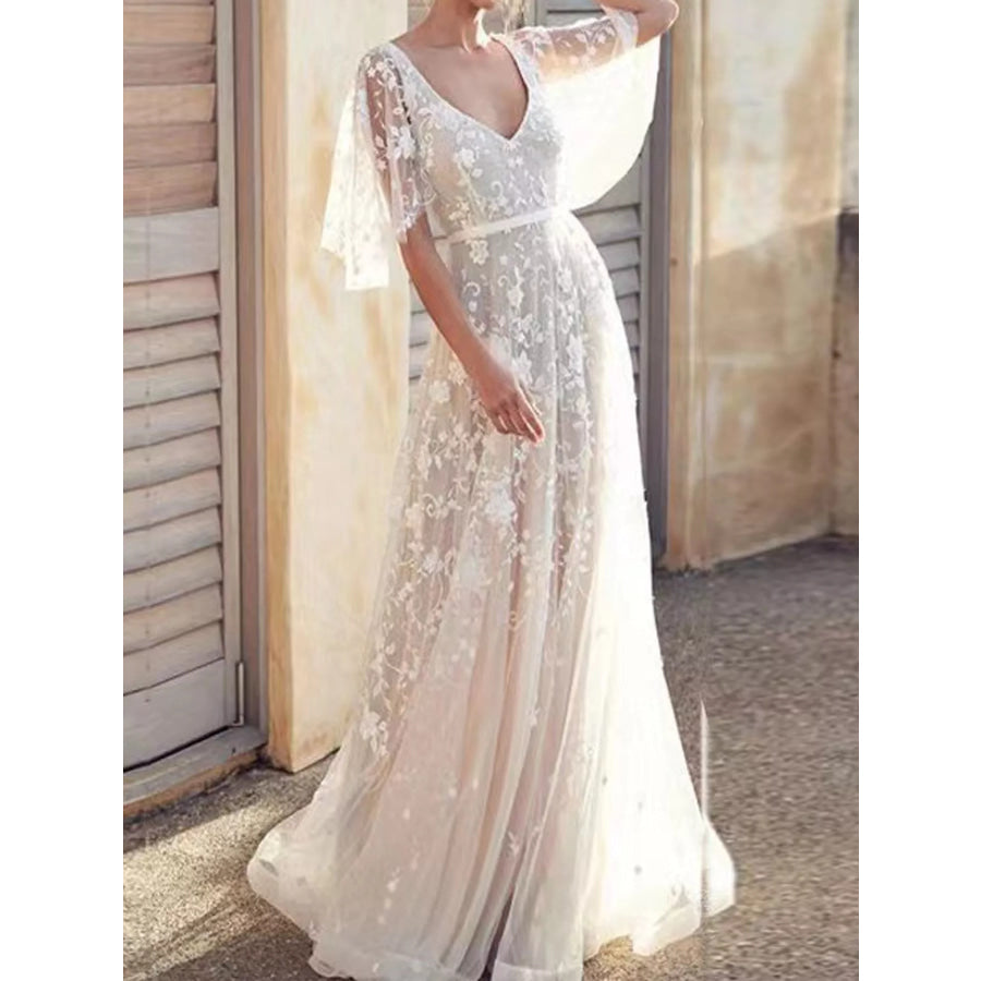 Lace V-Neck Maxi Dress with Flutter Sleeves White / S Apparel and Accessories