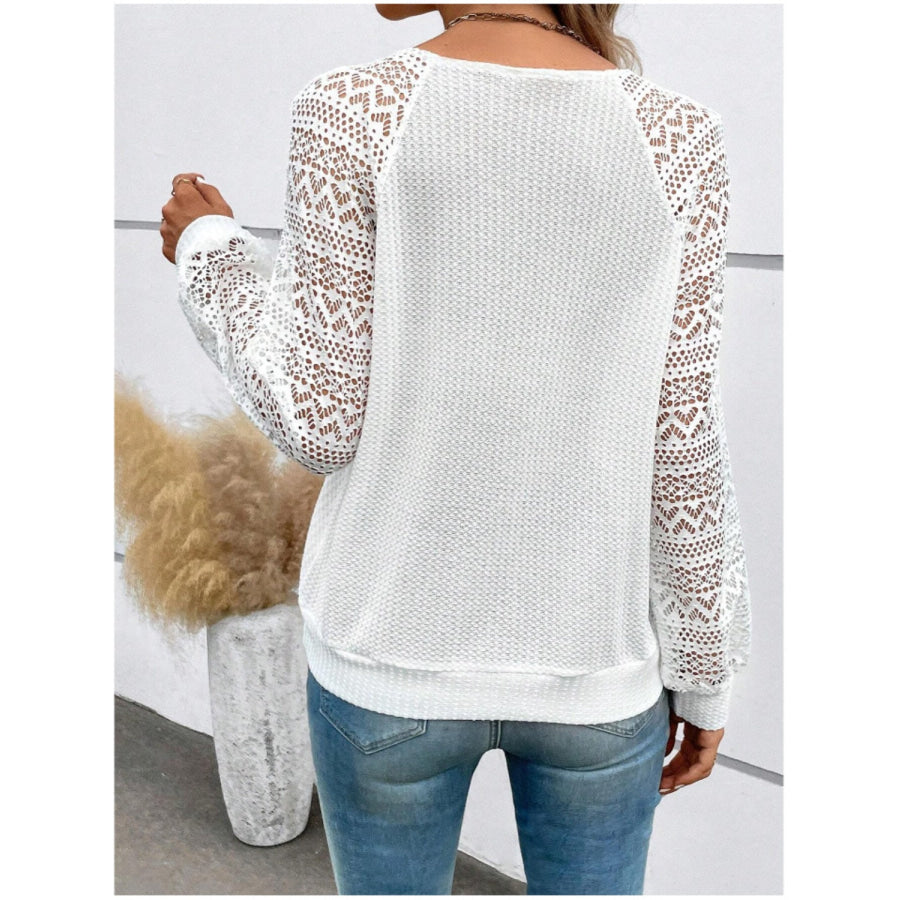 Lace V - Neck Raglan Sleeve Top White / S Apparel and Accessories