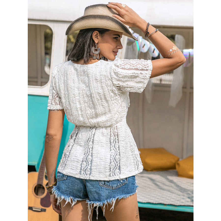Lace V-Neck Short Sleeve Top White / S Apparel and Accessories