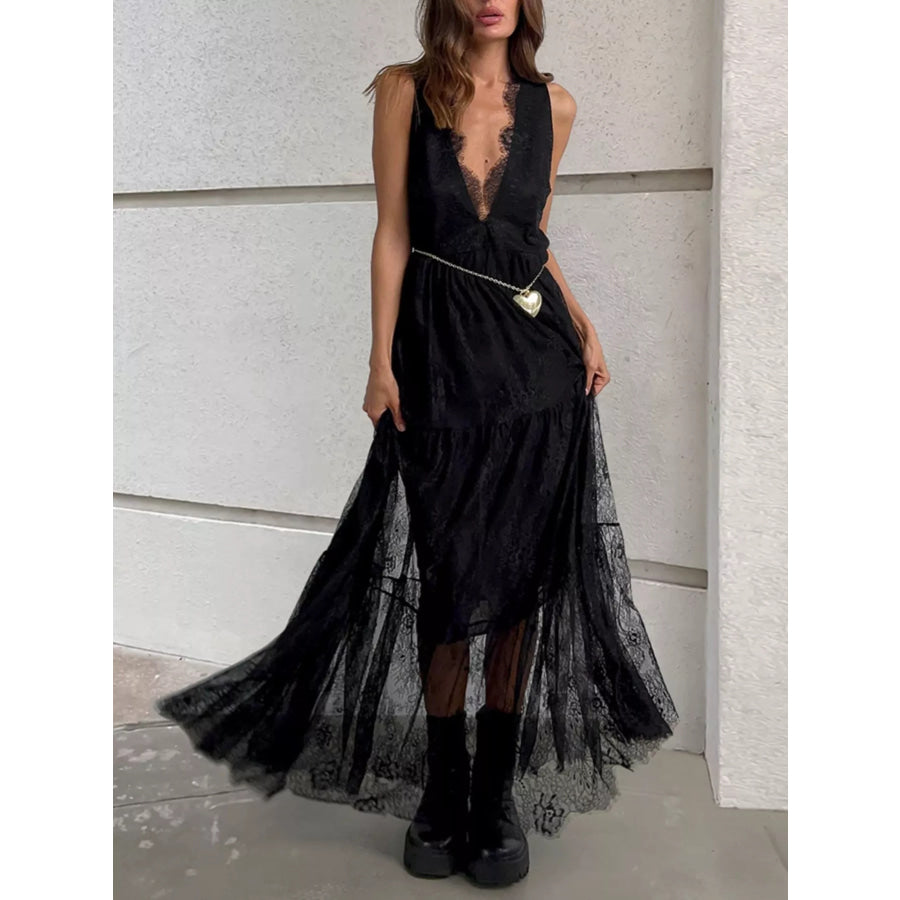 Lace V-Neck Sleeveless Maxi Dress Black / S Apparel and Accessories