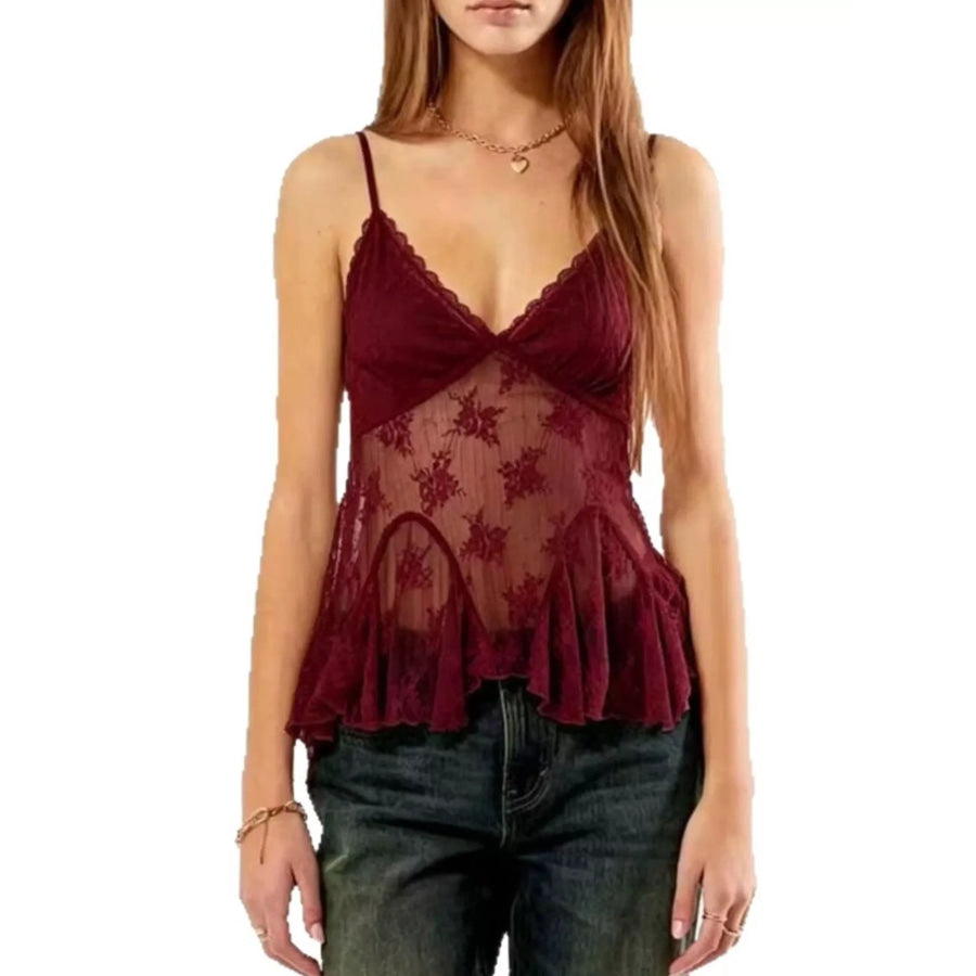 Lace V-Neck Tank Burgundy / S Apparel and Accessories