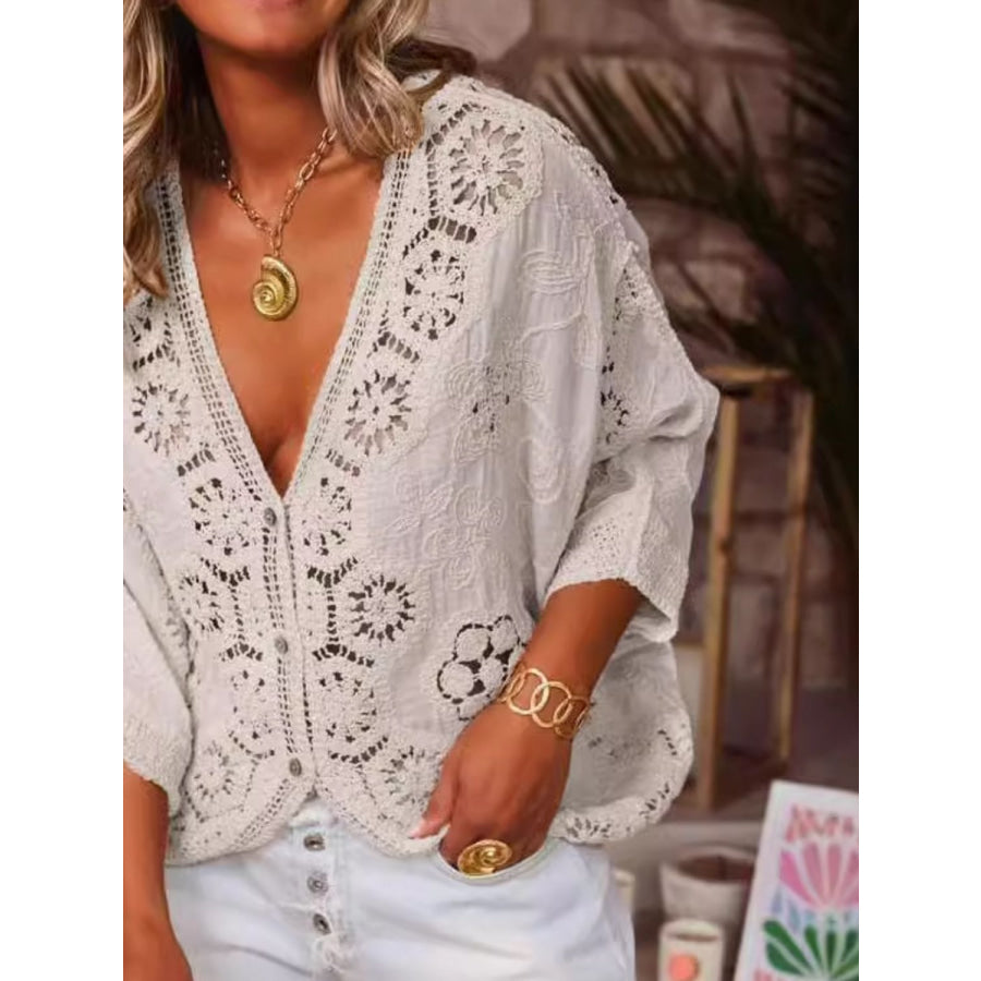 Lace V-Neck Three-Quarter Sleeve Blouse Apparel and Accessories