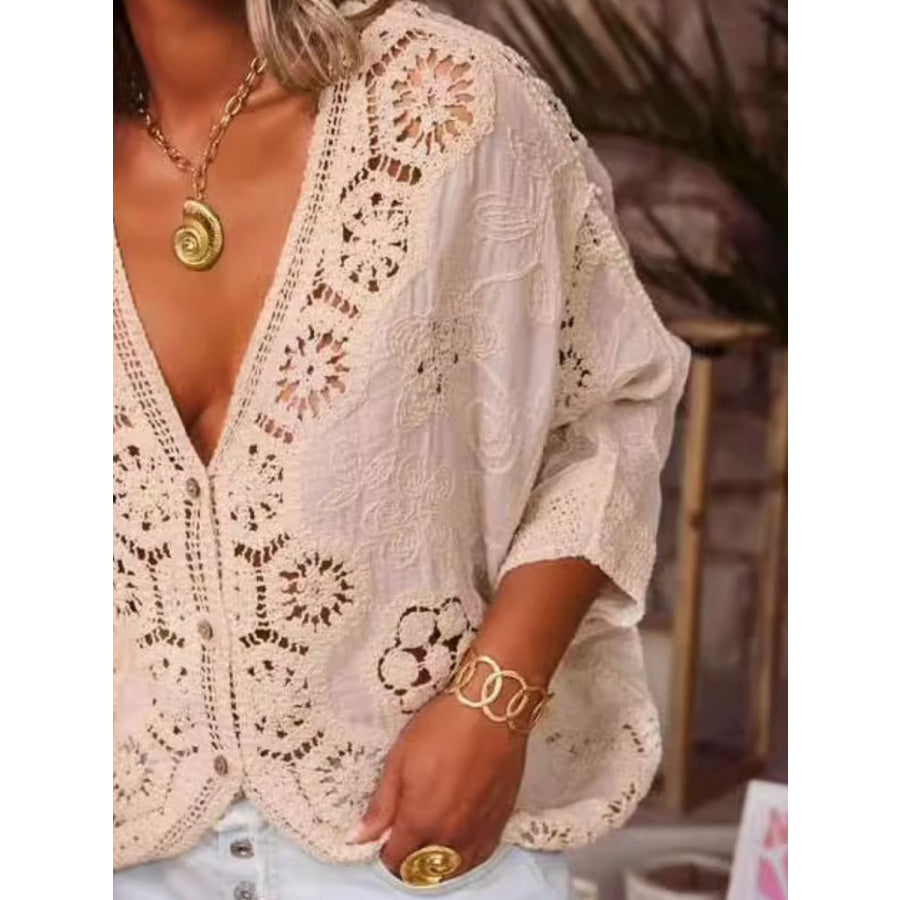 Lace V-Neck Three-Quarter Sleeve Blouse Apparel and Accessories