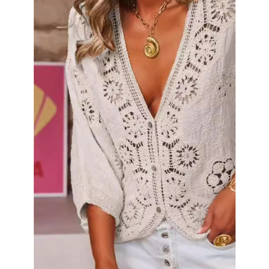 Lace V-Neck Three-Quarter Sleeve Blouse Apparel and Accessories