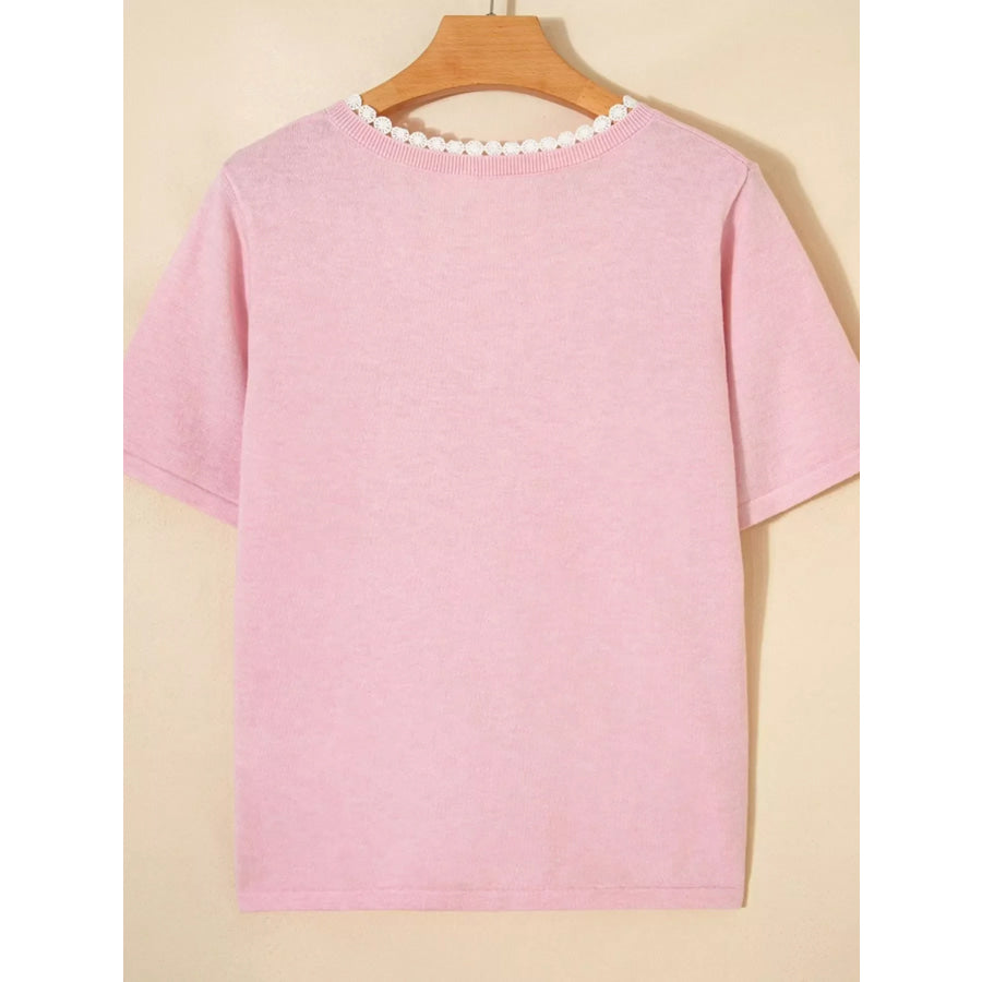 Lace V Neckline Short Sleeve Sweater Apparel and Accessories
