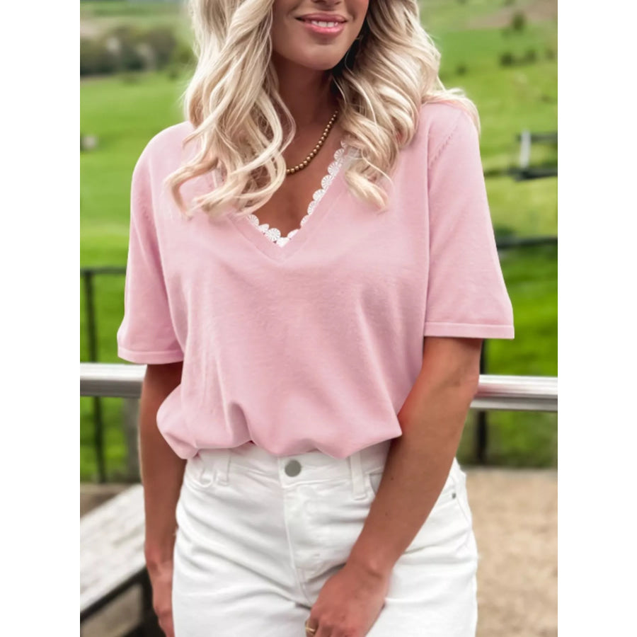 Lace V Neckline Short Sleeve Sweater Dusty Pink / S Apparel and Accessories