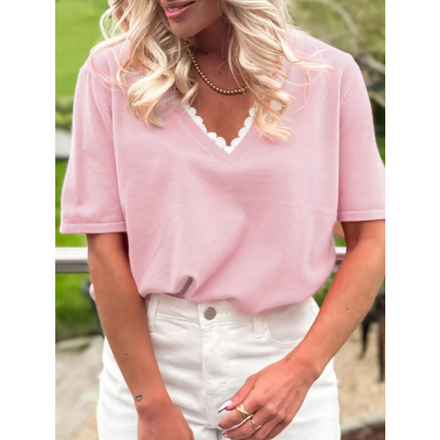 Lace V Neckline Short Sleeve Sweater Apparel and Accessories