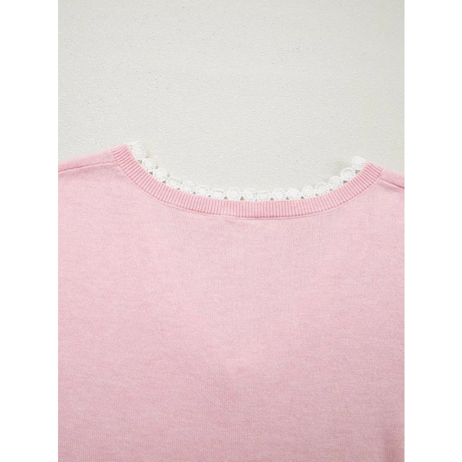Lace V Neckline Short Sleeve Sweater Apparel and Accessories