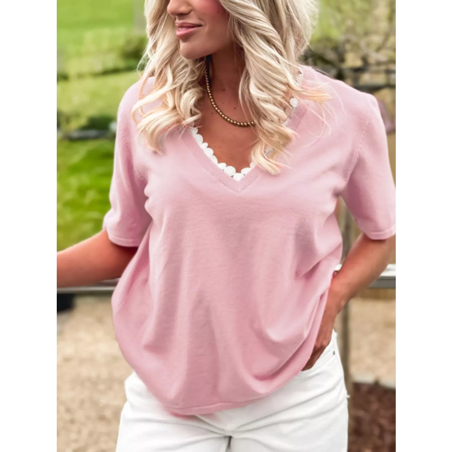 Lace V Neckline Short Sleeve Sweater Apparel and Accessories