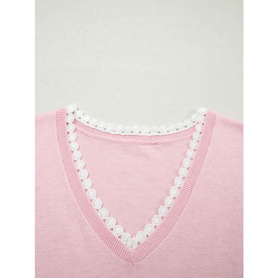 Lace V Neckline Short Sleeve Sweater Apparel and Accessories