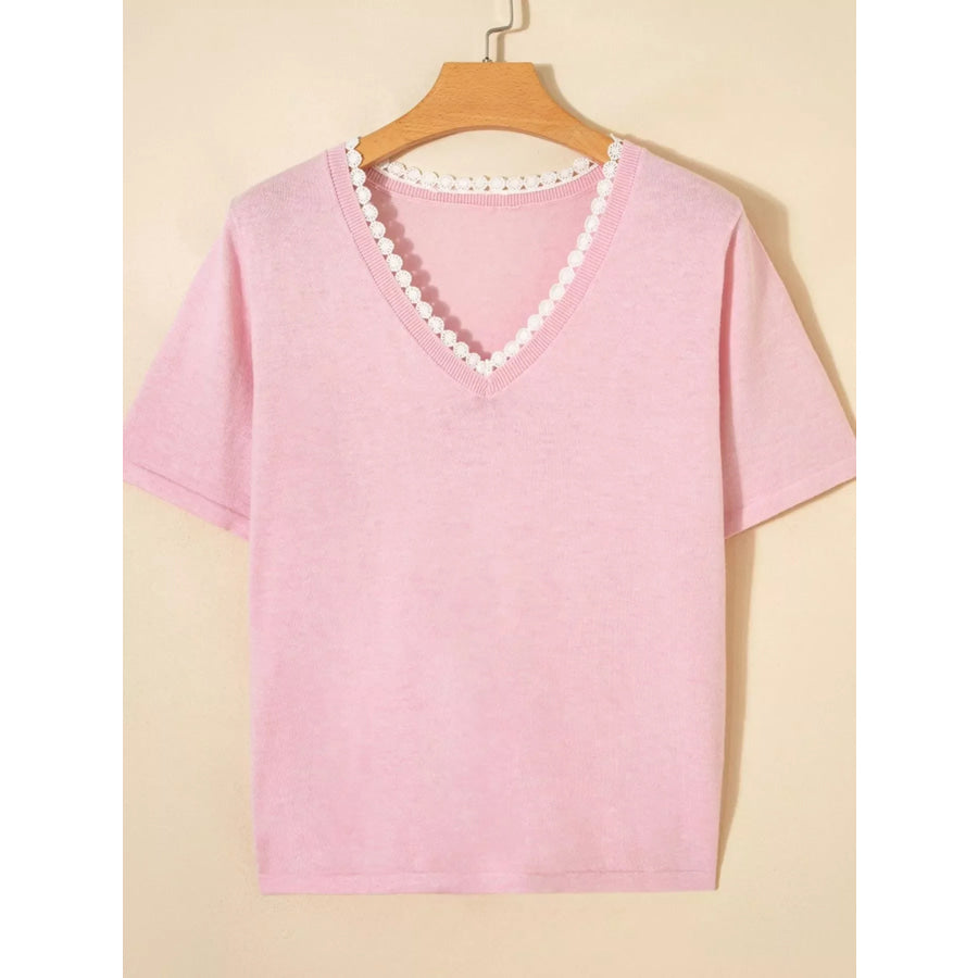Lace V Neckline Short Sleeve Sweater Apparel and Accessories