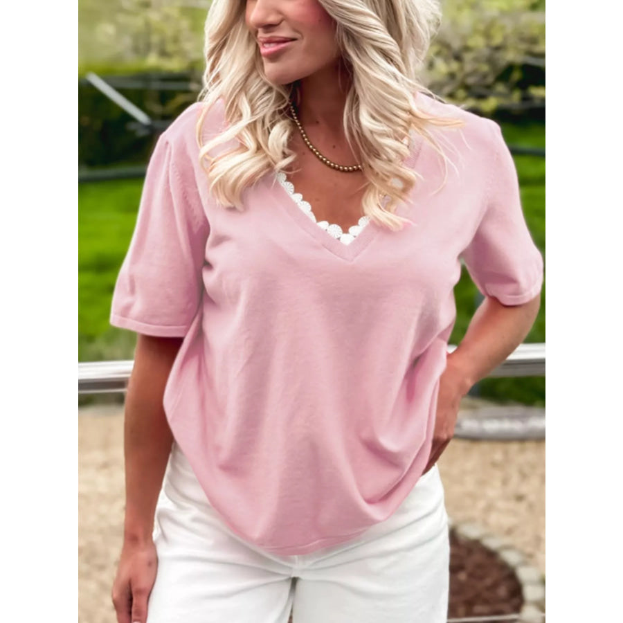 Lace V Neckline Short Sleeve Sweater Dusty Pink / S Apparel and Accessories