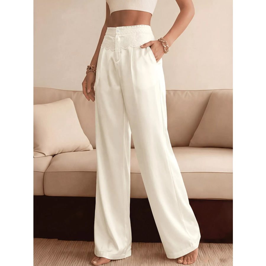 Lace Waist Wide Leg Pants Beige / S Apparel and Accessories