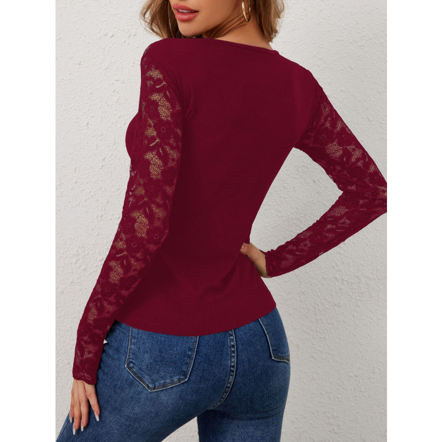 Lace Wavy Hem V-Neck Long Sleeve Top Apparel and Accessories