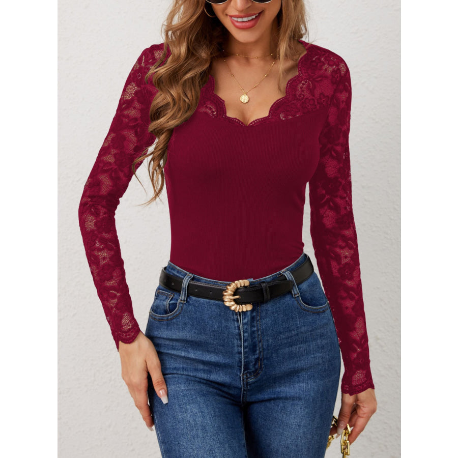 Lace Wavy Hem V-Neck Long Sleeve Top Apparel and Accessories