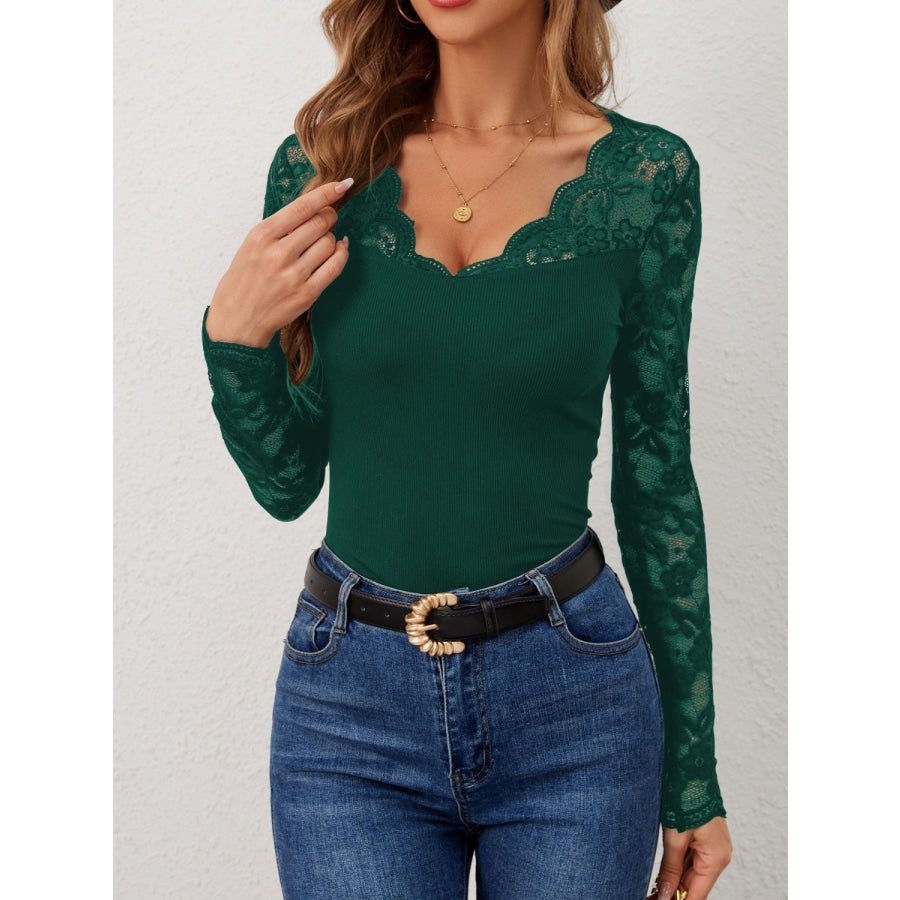 Lace Wavy Hem V-Neck Long Sleeve Top Apparel and Accessories