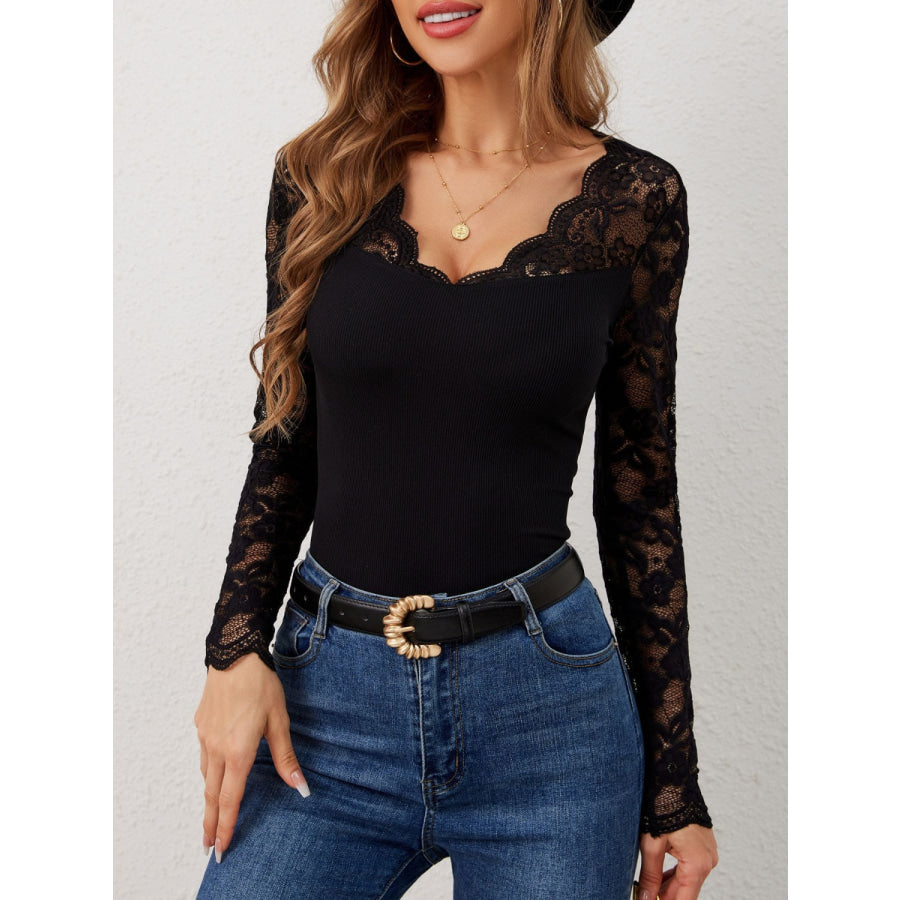 Lace Wavy Hem V-Neck Long Sleeve Top Apparel and Accessories