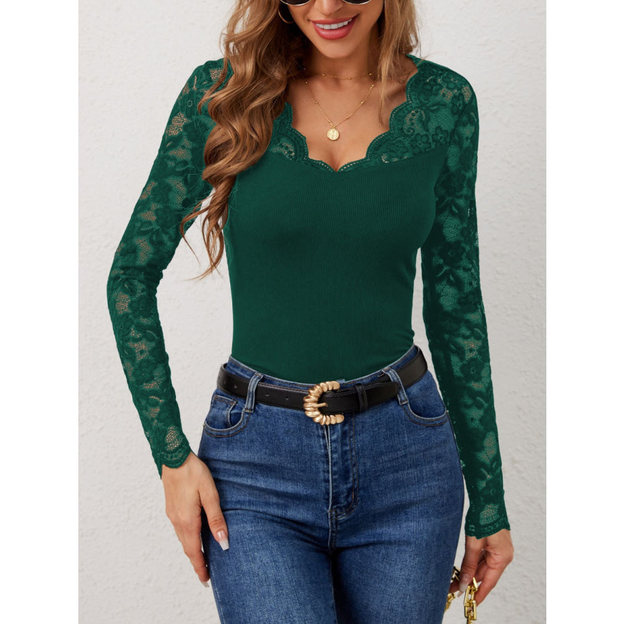 Lace Wavy Hem V-Neck Long Sleeve Top Apparel and Accessories