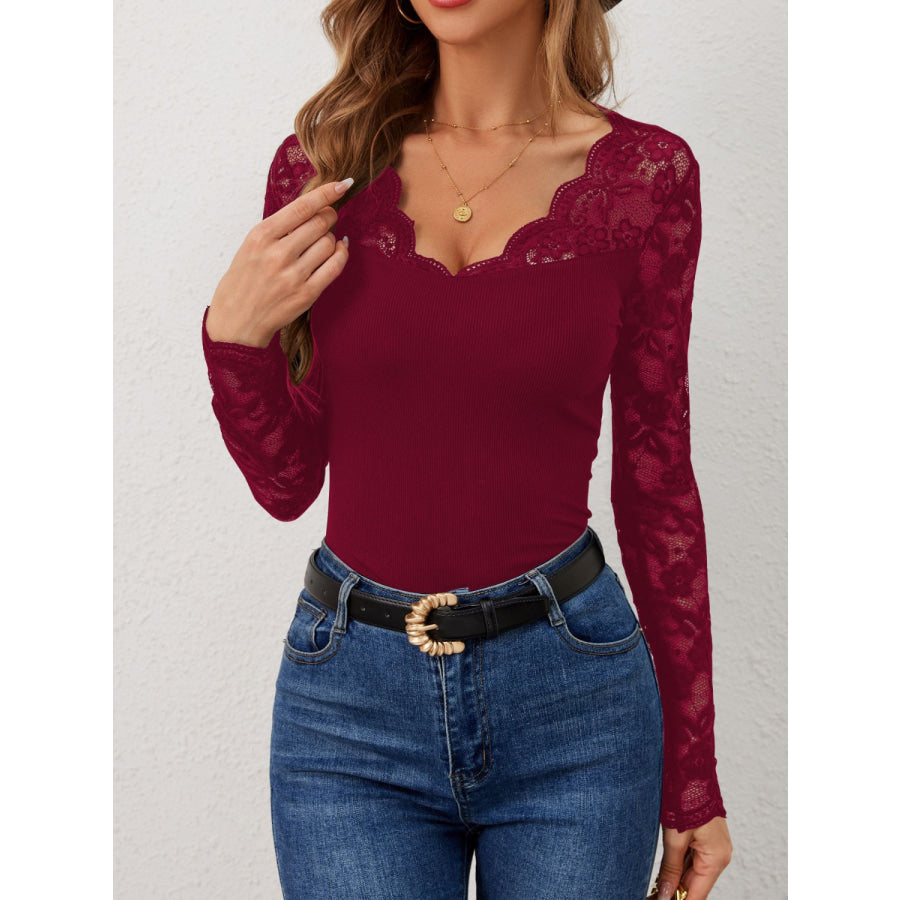 Lace Wavy Hem V-Neck Long Sleeve Top Burgundy / S Apparel and Accessories