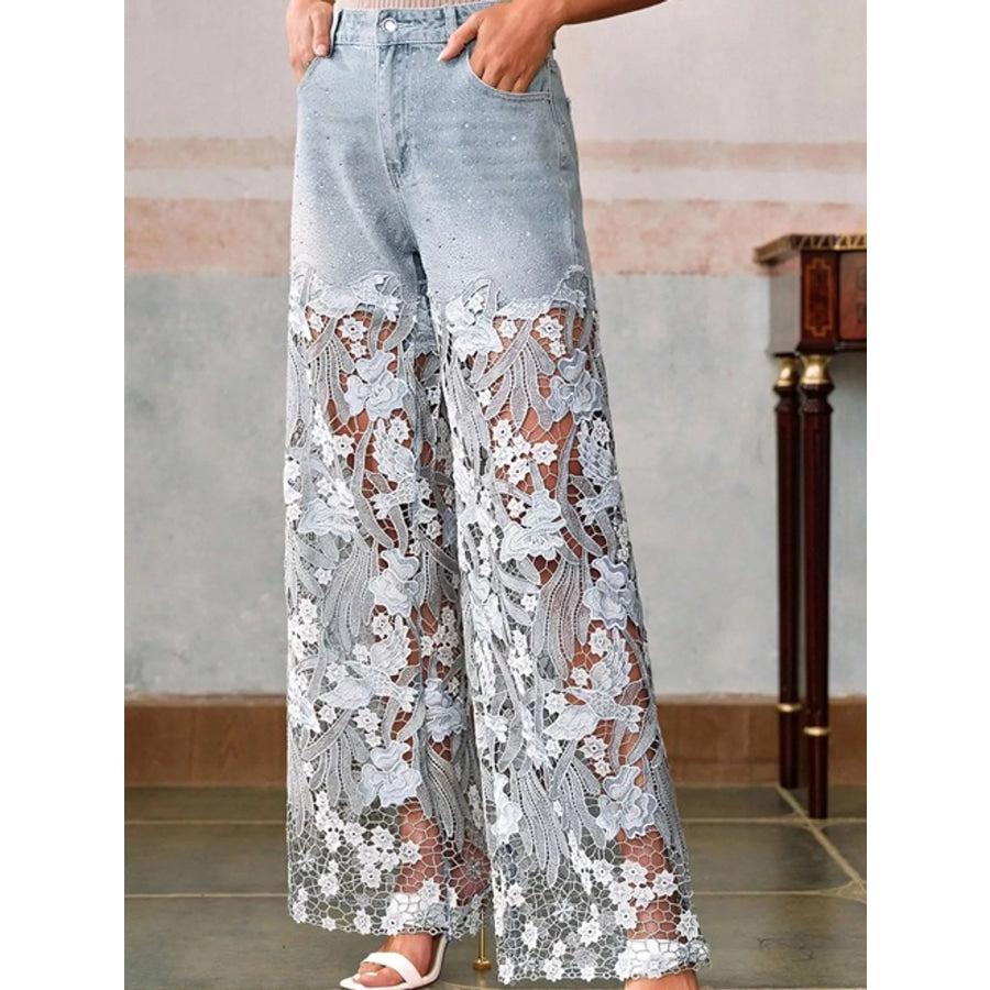 Lace Wide-Leg Jeans Light Blue / S Apparel and Accessories