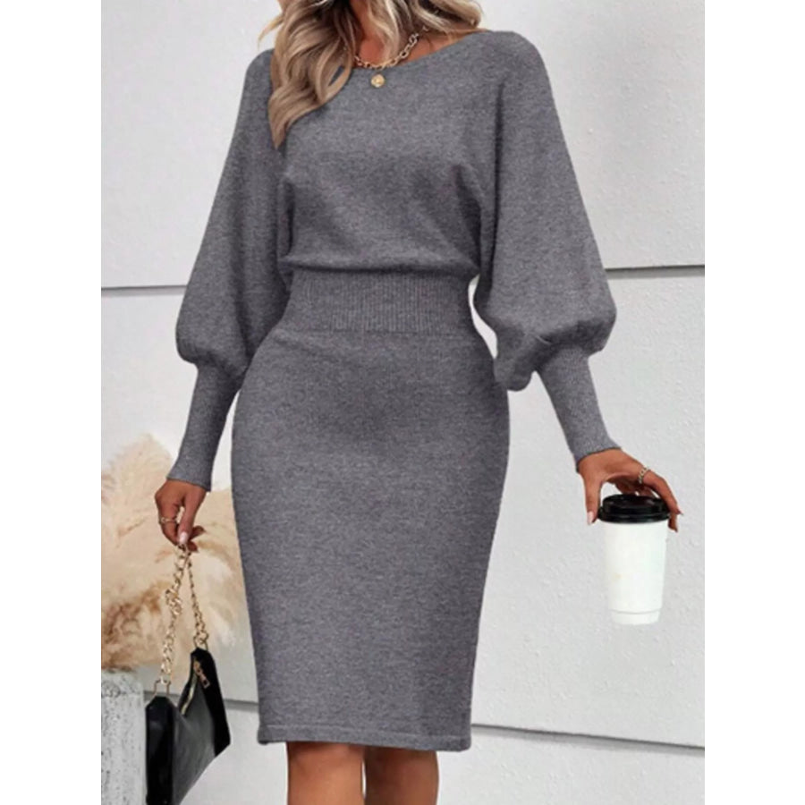 Lantern Sleeve Bodycon Sweater Dress Grey / S Apparel and Accessories