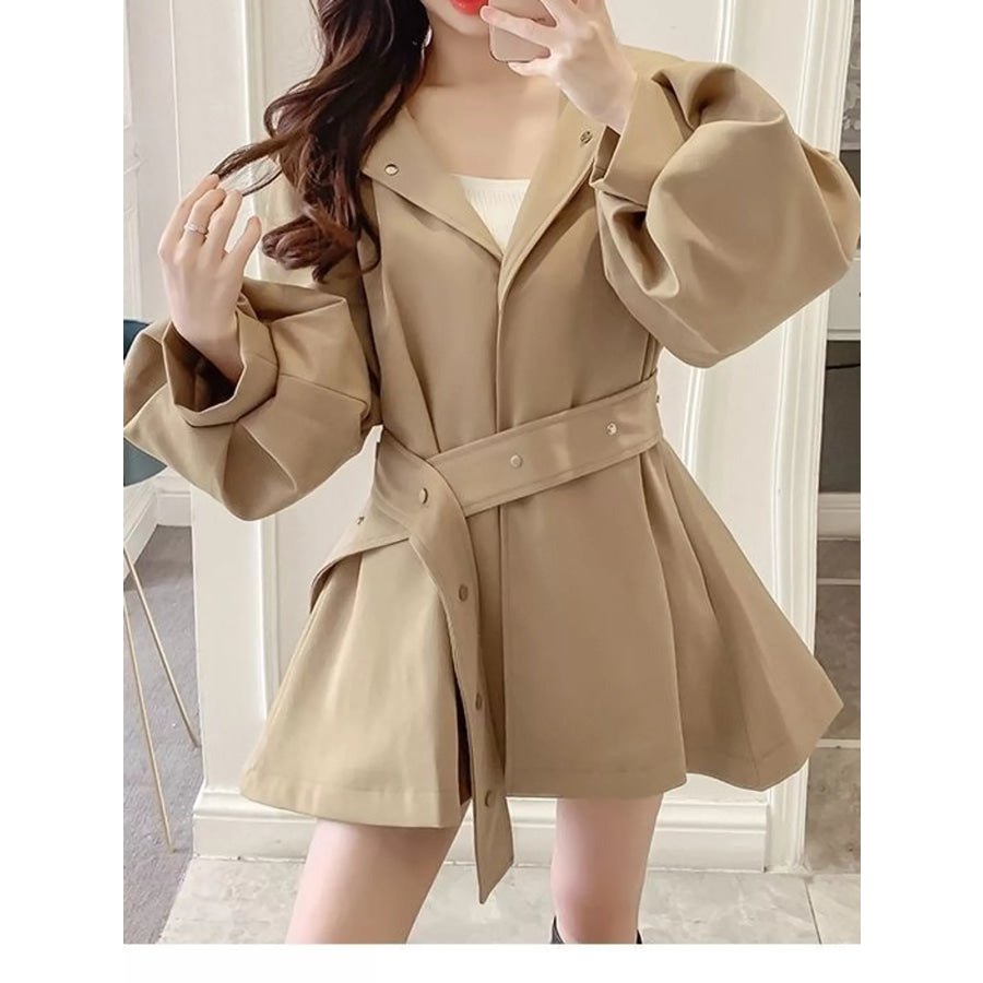 Lantern Sleeve Hooded Outerwear with Belted Waist Apparel and Accessories
