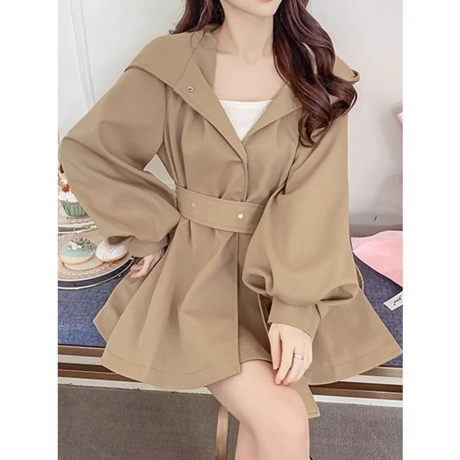 Lantern Sleeve Hooded Outerwear with Belted Waist Apparel and Accessories