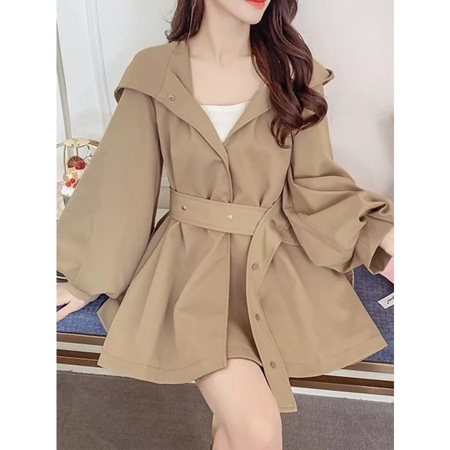 Lantern Sleeve Hooded Outerwear with Belted Waist Apparel and Accessories